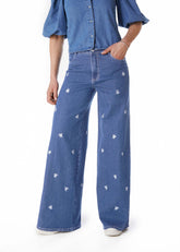 JEANS GAEL PALAZZO FLORES BORDADAS AZUL EFESIS