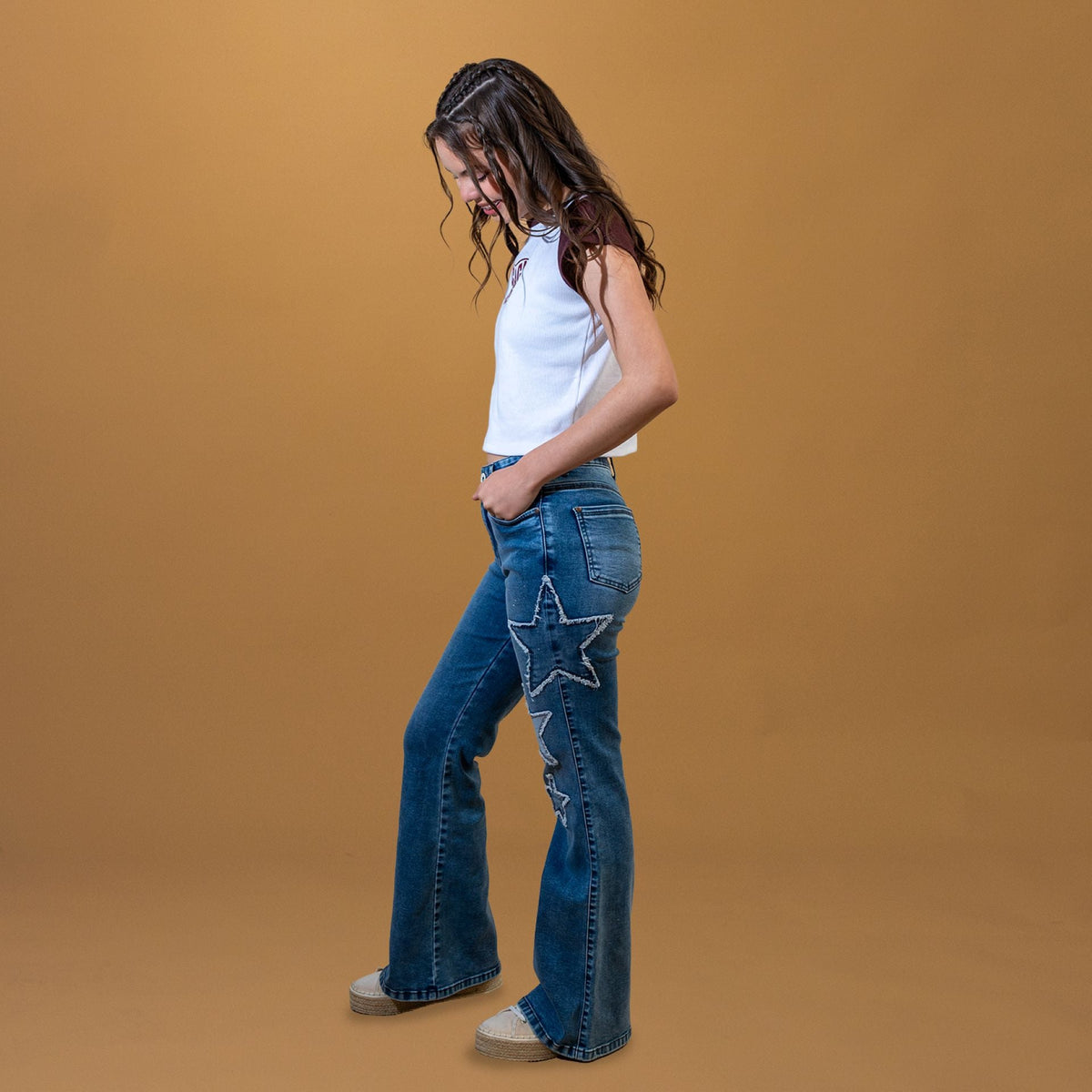 Jeans Chiky Flare Estrella Parche Azul Cacao