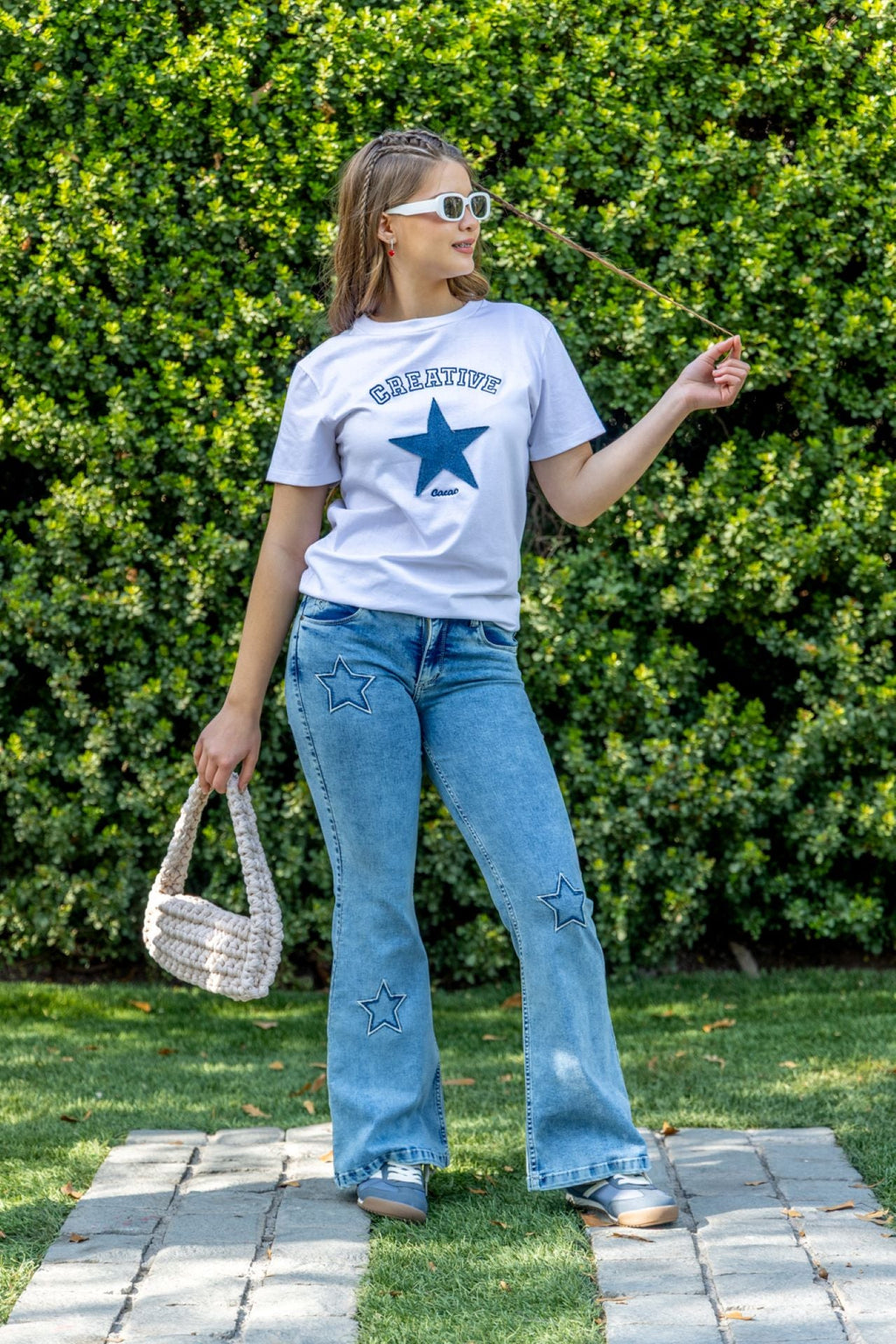 Jeans Glith Flare Bordado c/Desflecado Azul Cacao