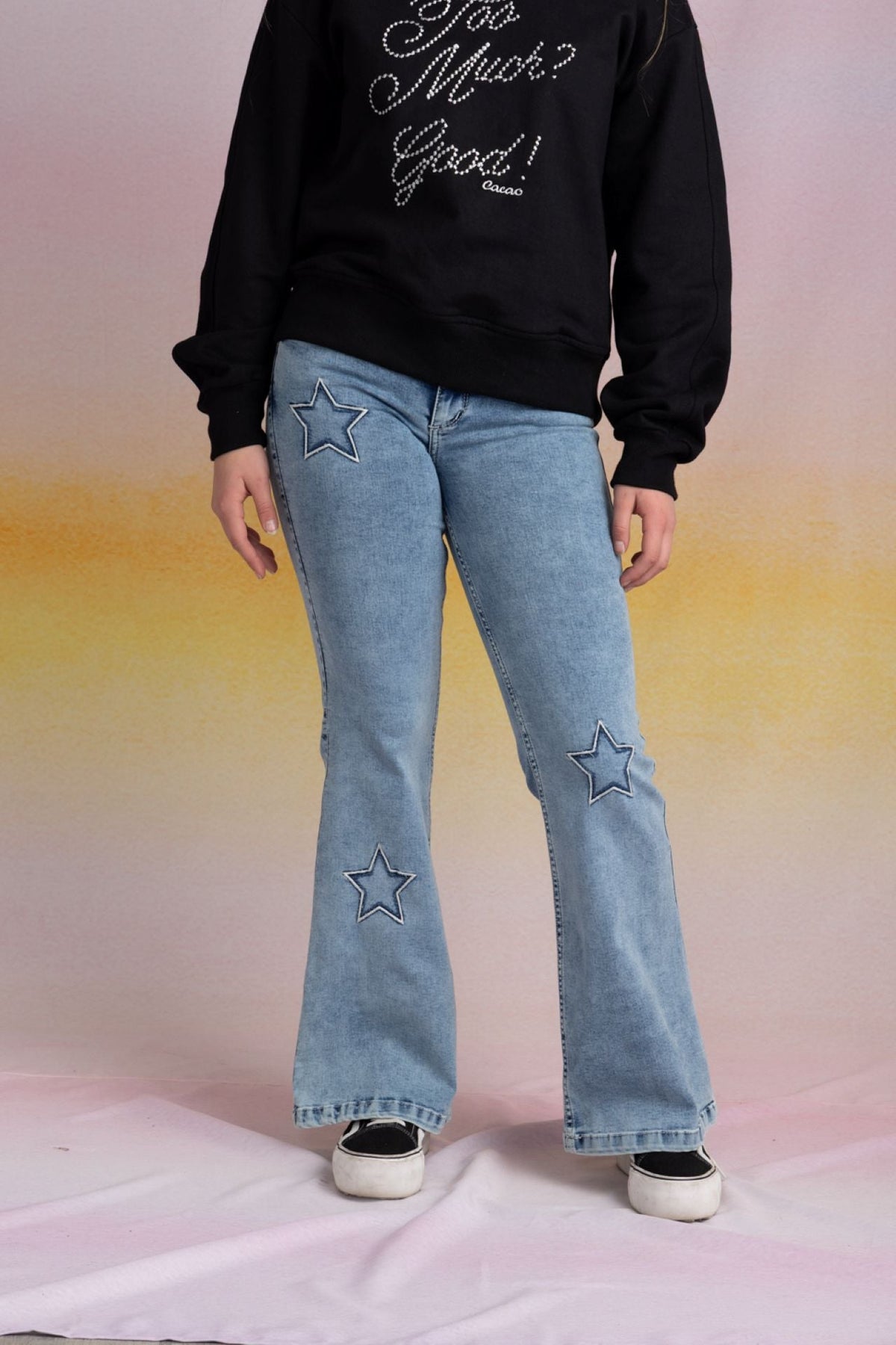 Jeans Glith Flare Bordado c/Desflecado Azul Cacao