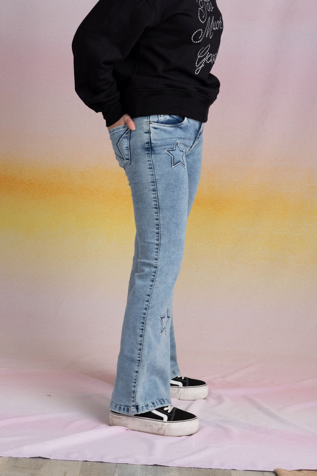 Jeans Glith Flare Bordado c/Desflecado Azul Cacao