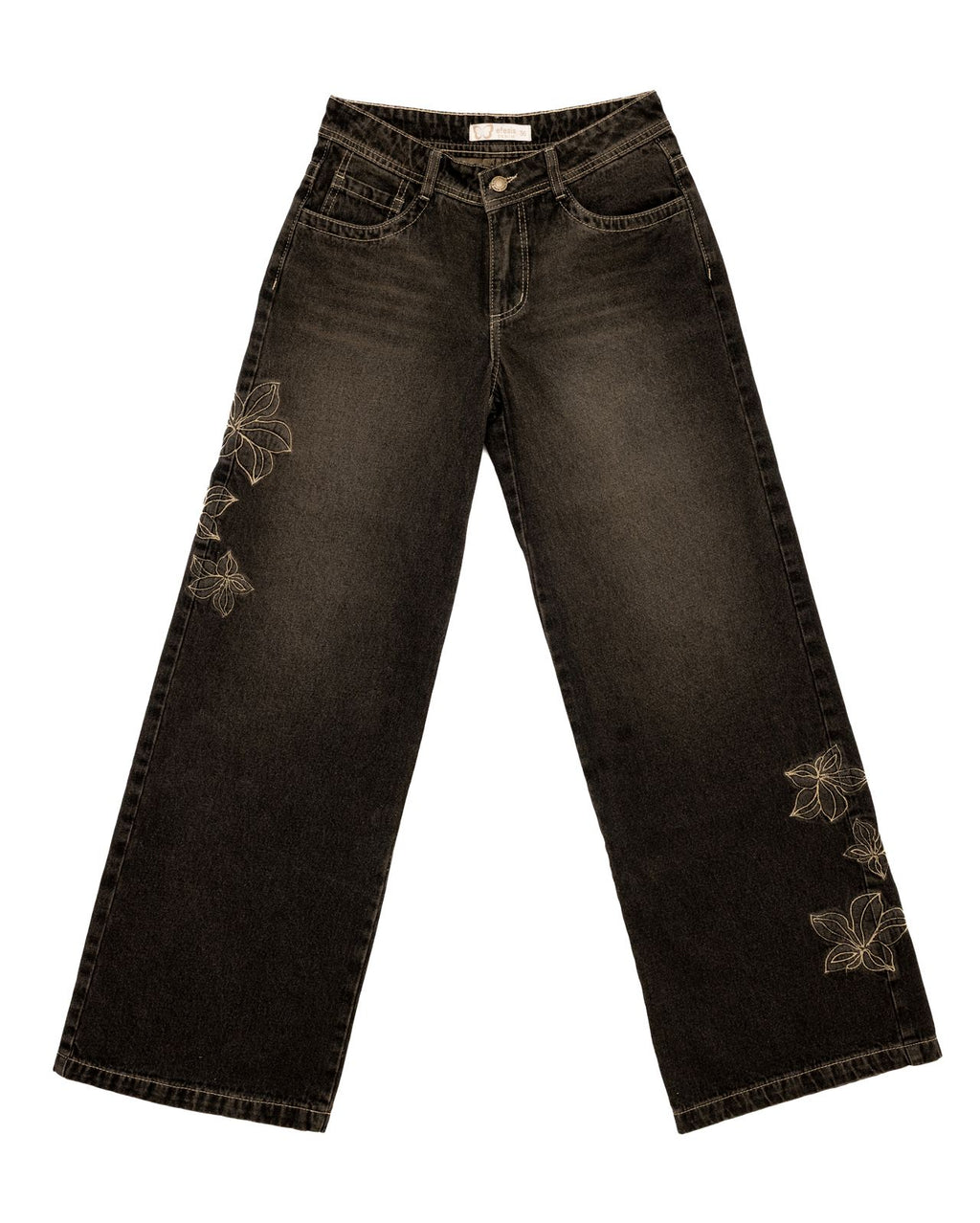 Jeans Dirty Wide Tiro Bajo Bordado Inflado Negro Efesis