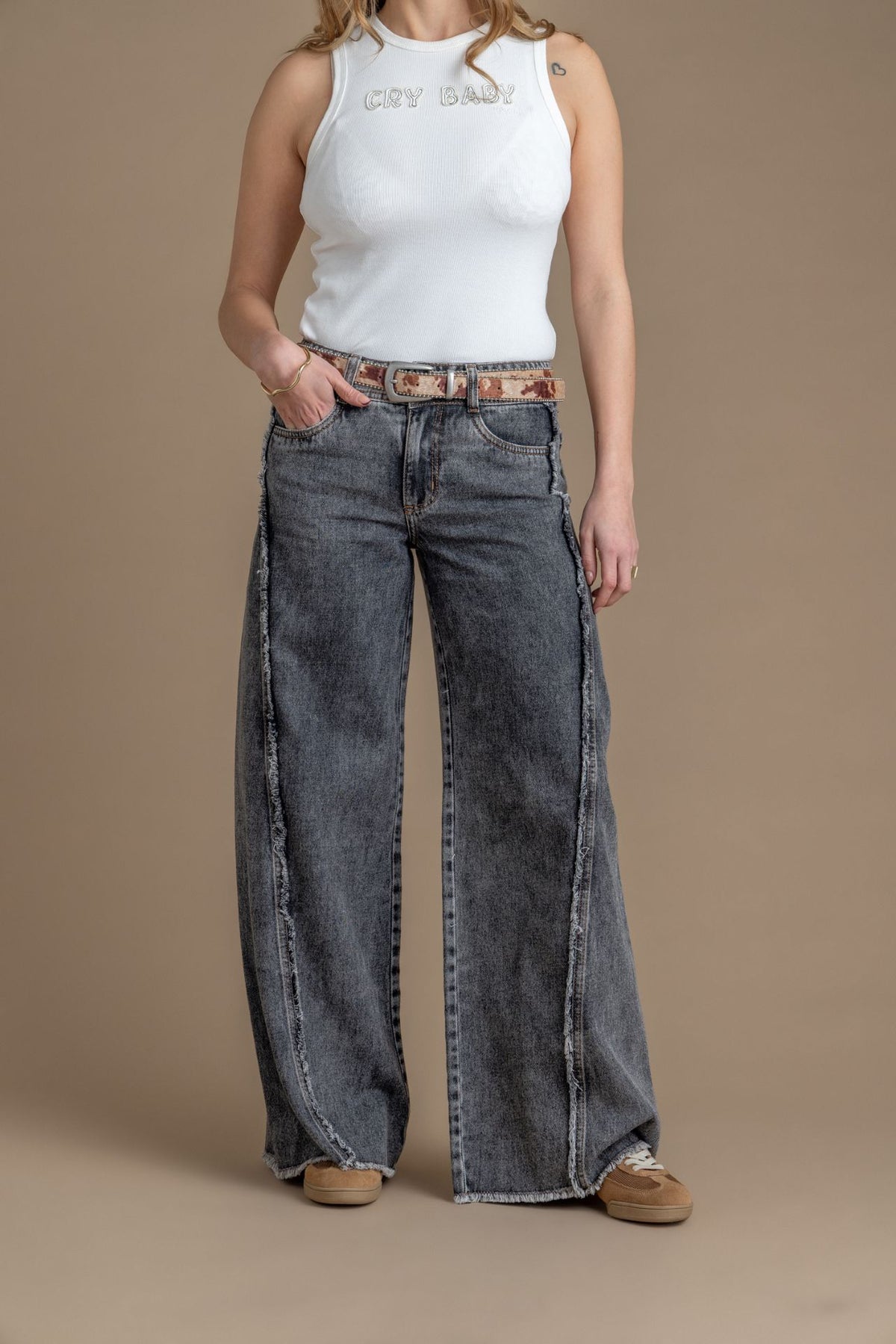 Jeans Cocoa Palazzo Corte Desflecado Gris Efesis
