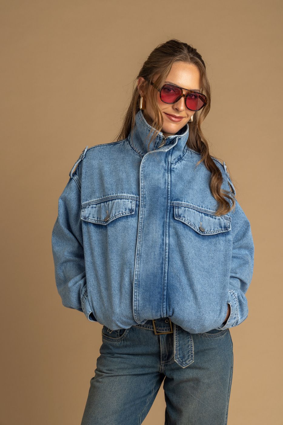 Chaqueta Giusephina Oversize Cuello Funnel Aglobada Azul Efesis