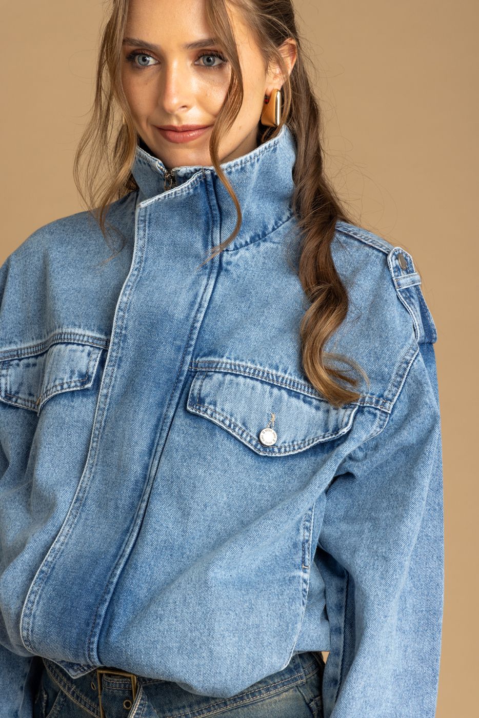 Chaqueta Giusephina Oversize Cuello Funnel Aglobada Azul Efesis
