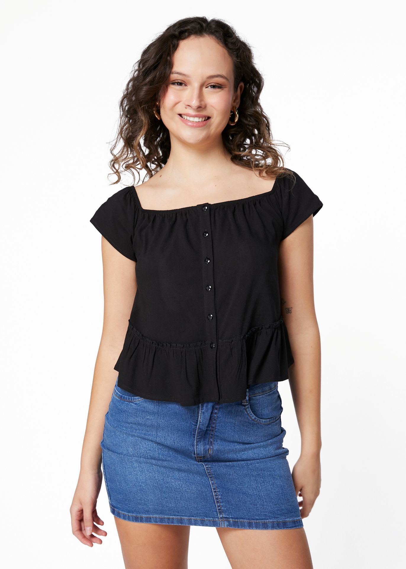 BLUSA SAMAY REGULAR ESCOTE BARDOT NEGRO Y VERDE EFESIS