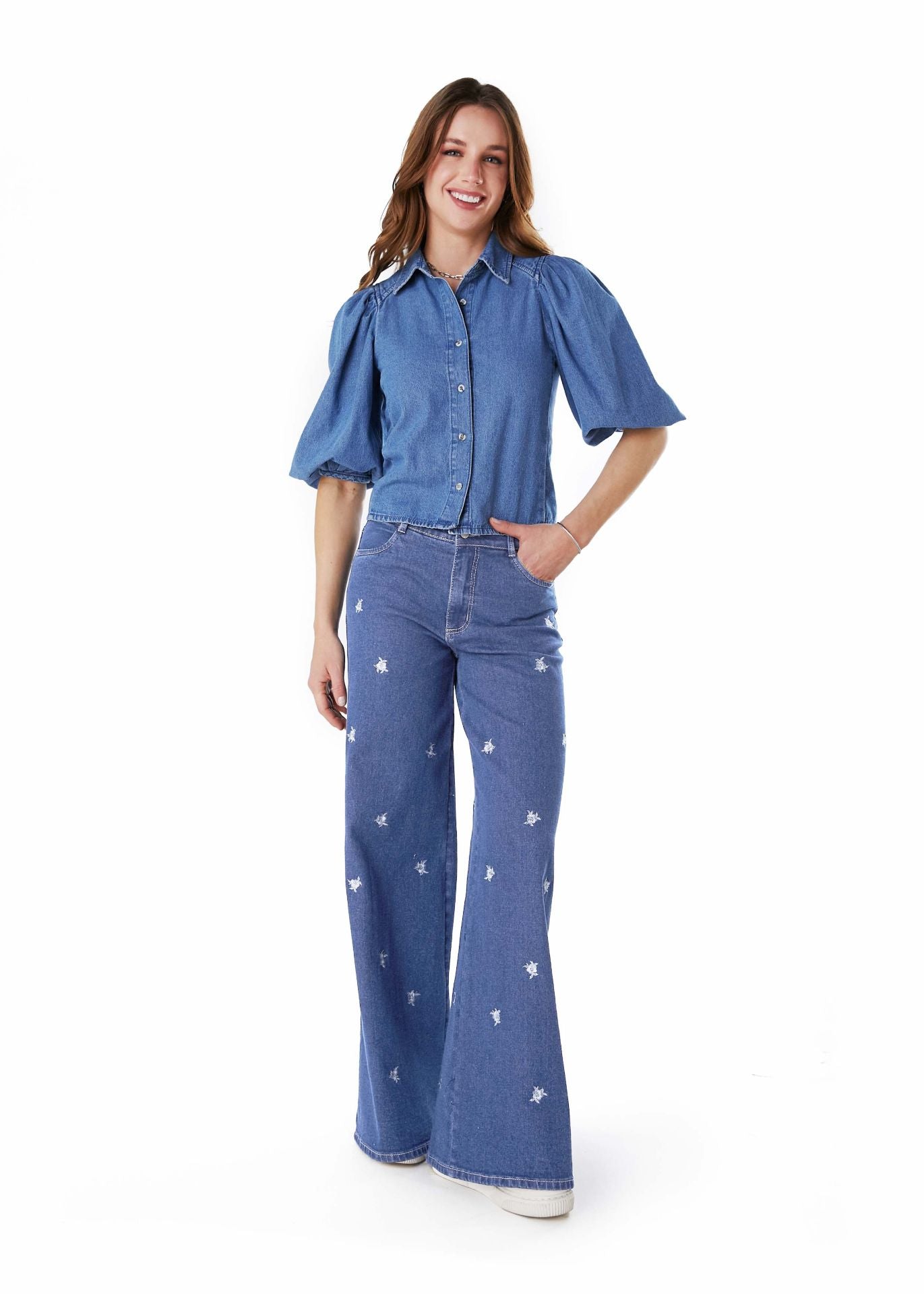 JEANS GAEL PALAZZO FLORES BORDADAS AZUL EFESIS