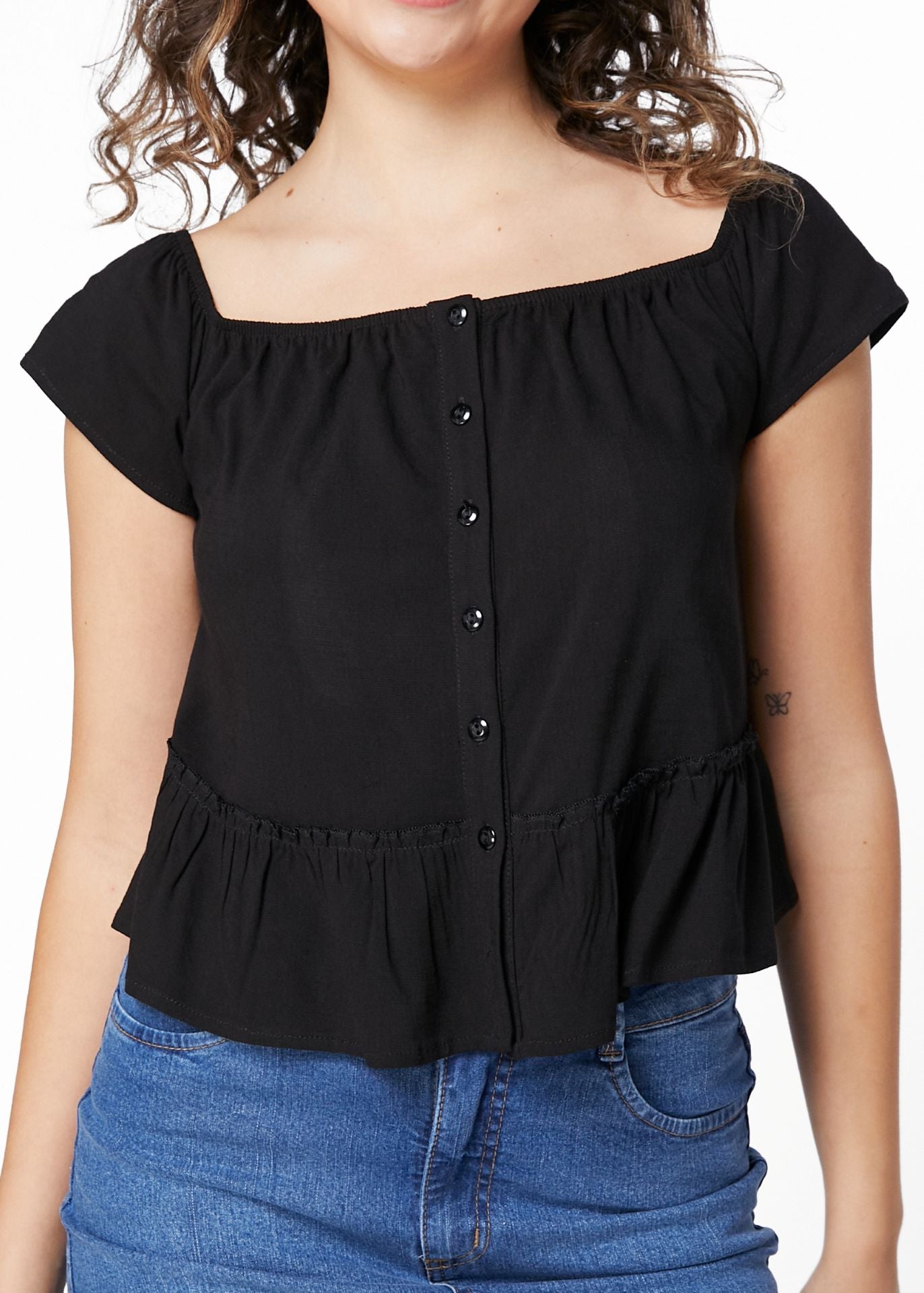 BLUSA SAMAY REGULAR ESCOTE BARDOT NEGRO Y VERDE EFESIS