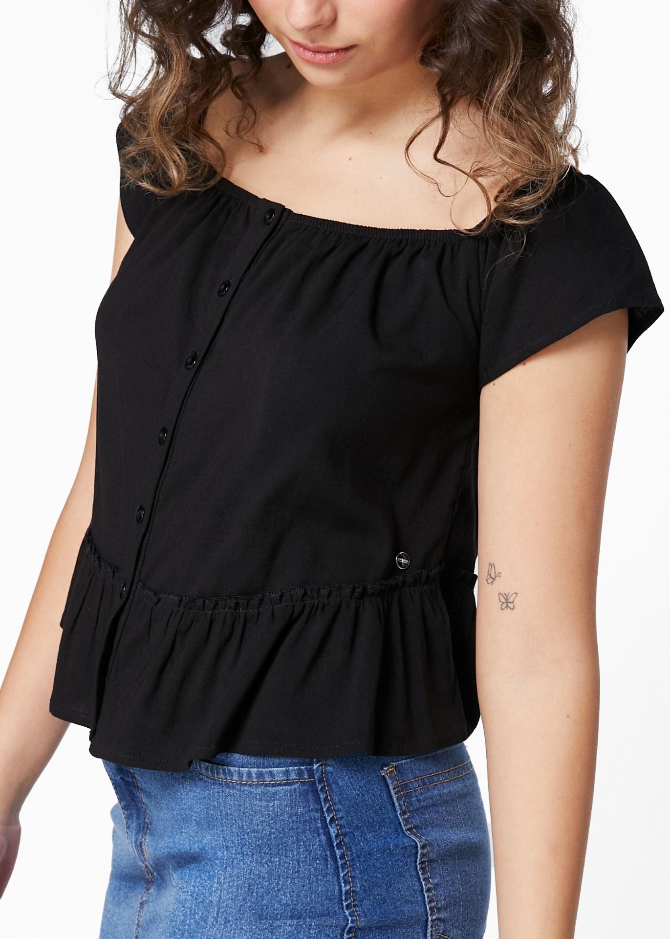 BLUSA SAMAY REGULAR ESCOTE BARDOT NEGRO Y VERDE EFESIS