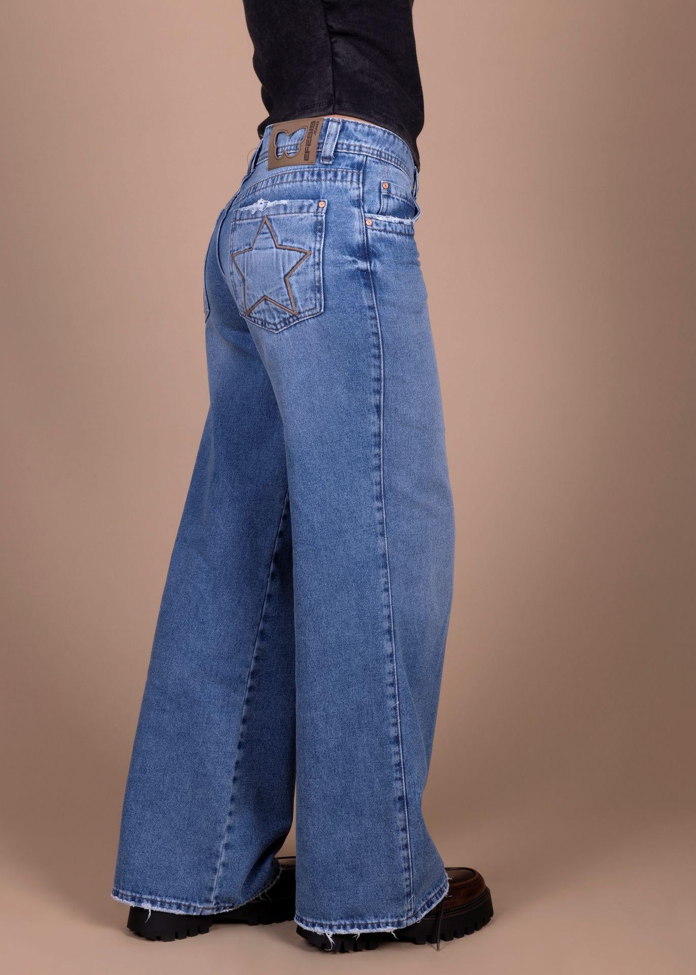 Jeans Puff Wide Bolsillo con Estrellas Azul Ligth Efesis