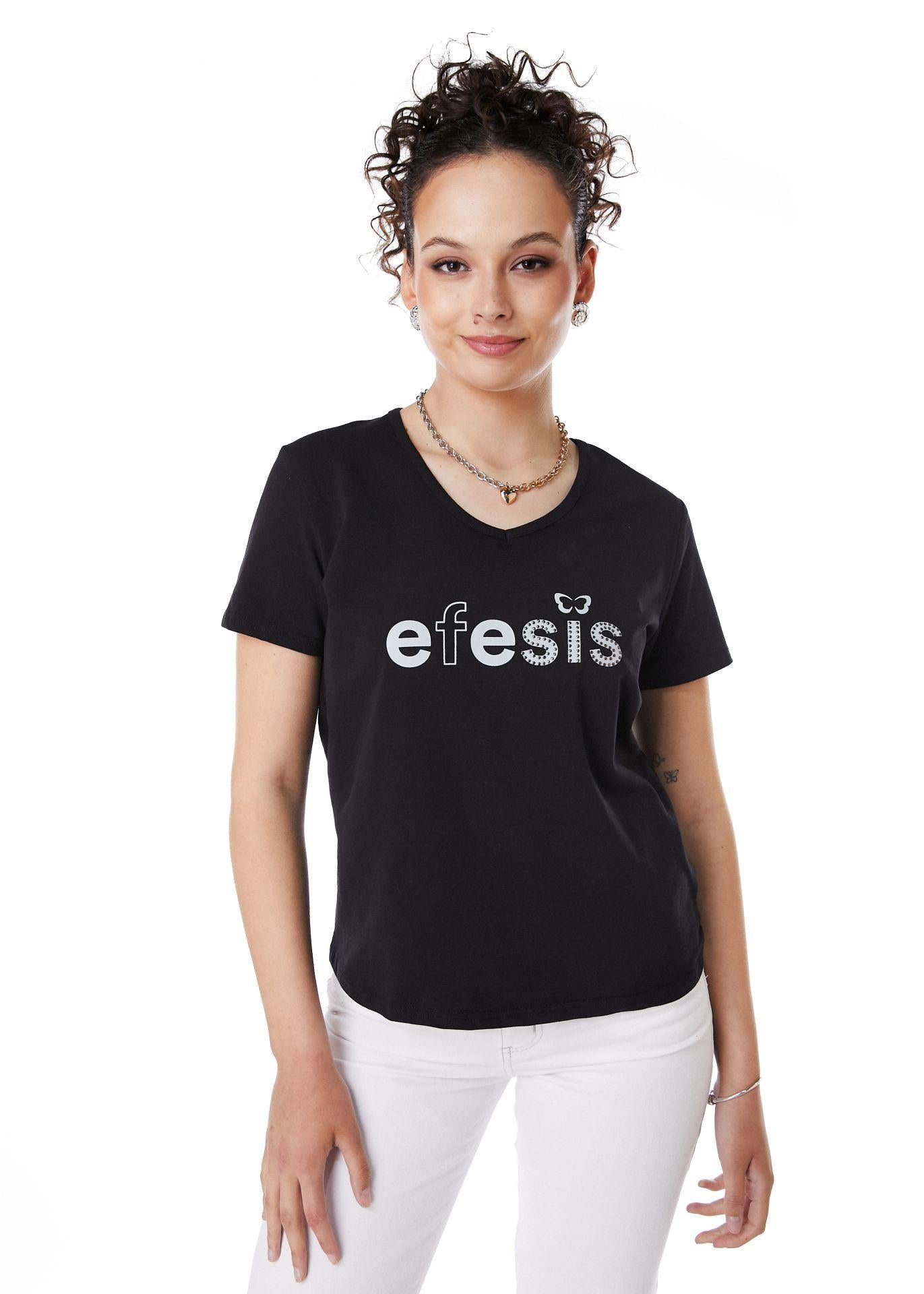 POLERA SARAI REGULAR ESTAMPADO Y TACHAS NEGRO EFESIS