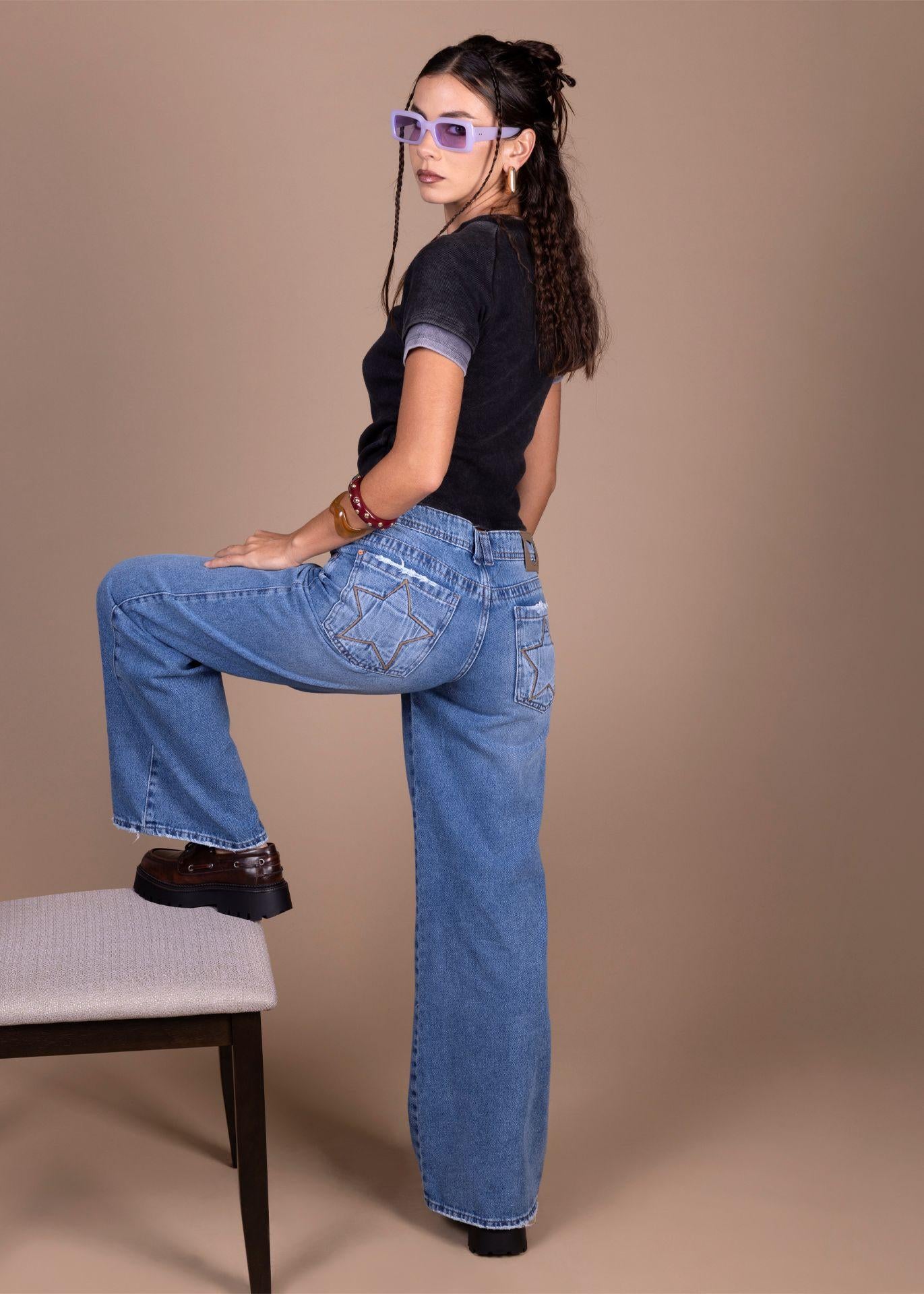 Jeans Puff Wide Bolsillo con Estrellas Azul Ligth Efesis