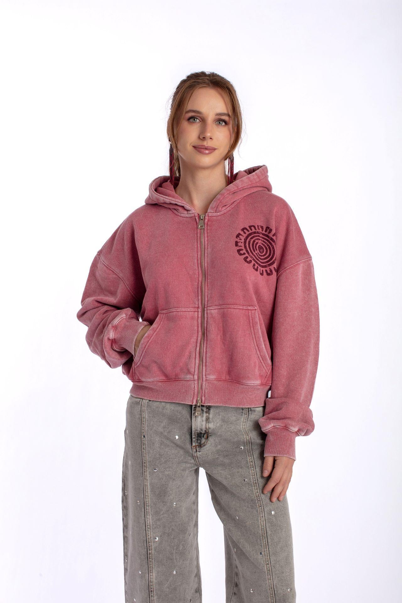 POLERON ZIPER OVERSIZE GRAVILLADO Y ESTAMPADO BURDEO EFESIS