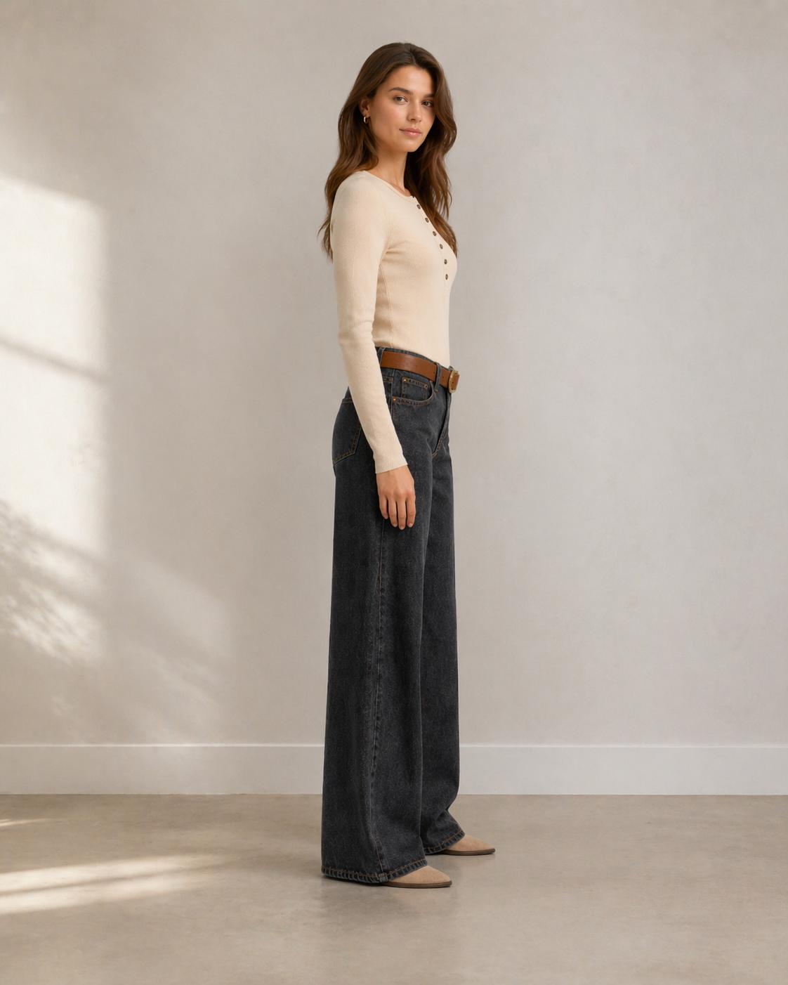 Jeans Atria Wide Tiro Bajo Pretina Pasada Negro Efesis