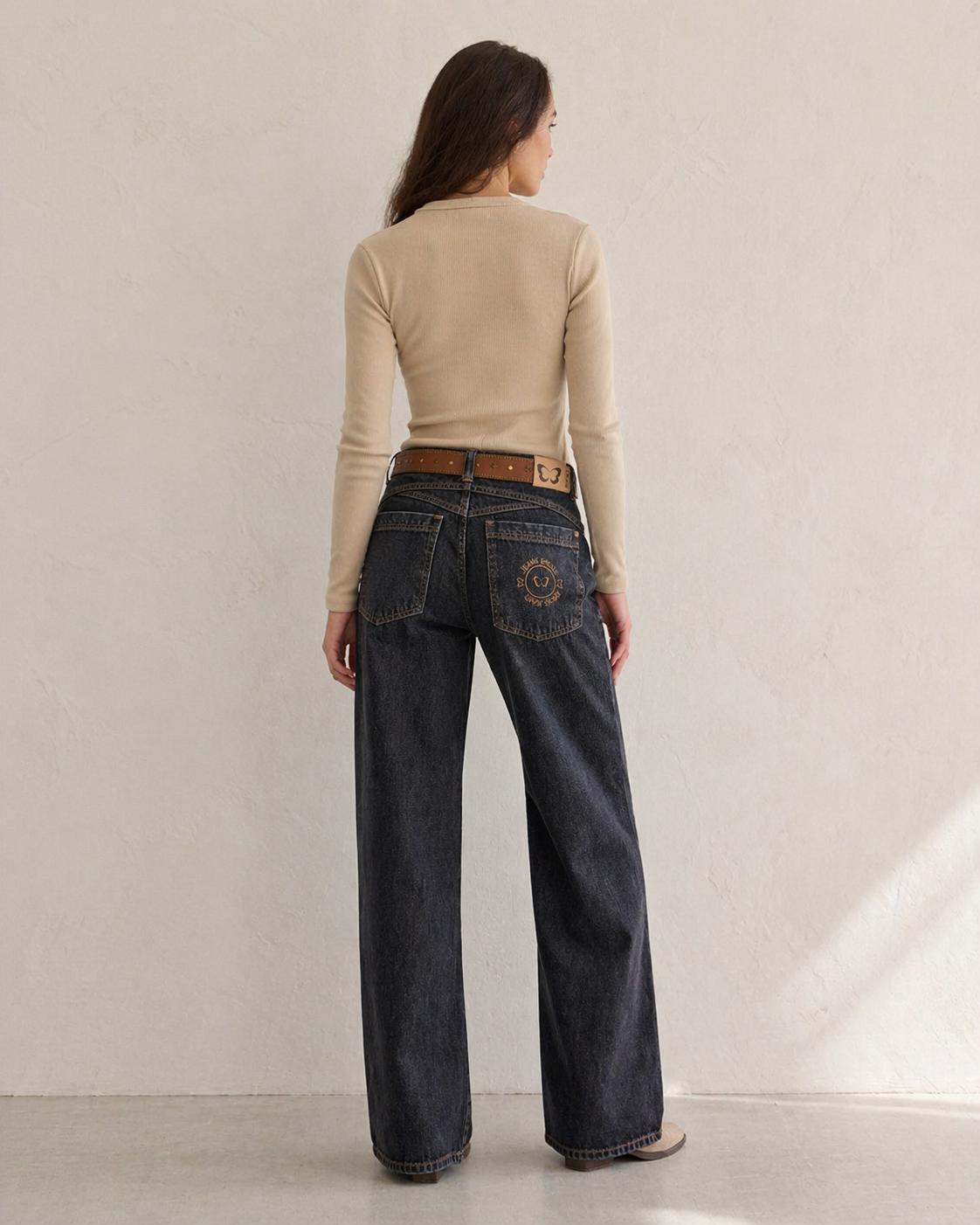 Jeans Atria Wide Tiro Bajo Pretina Pasada Negro Efesis