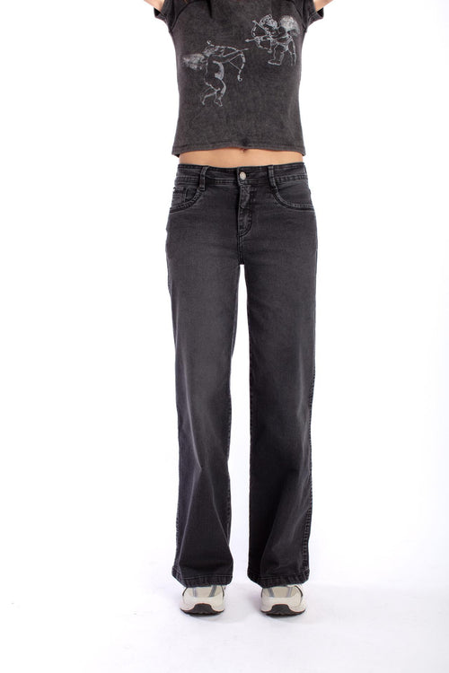Jeans Angel Wide Bordado Alas Bolsillo Trasero Negro Efesis