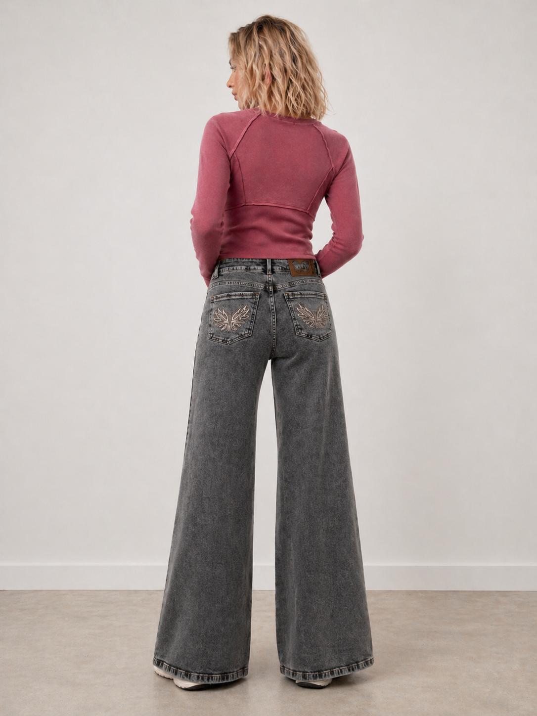 Jeans Angel Palazzo Bordado Alas Gris Efesis