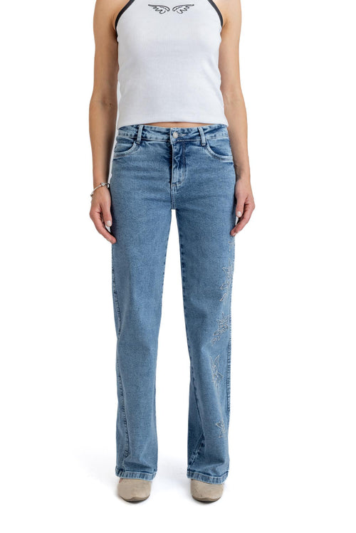 Jeans Aciano Wide Bordado Costado Azul Efesis
