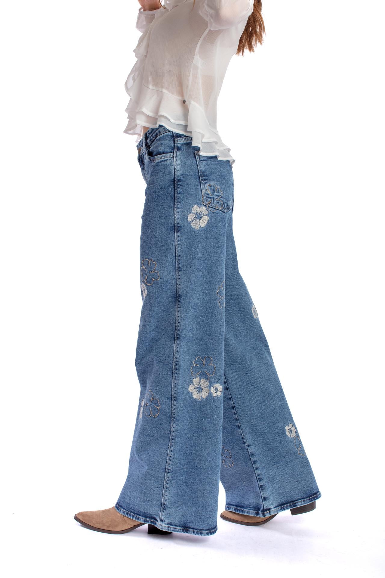 JEANS BERMELLÓN PALAZZO ESTAMPADO FLORES AZUL EFESIS