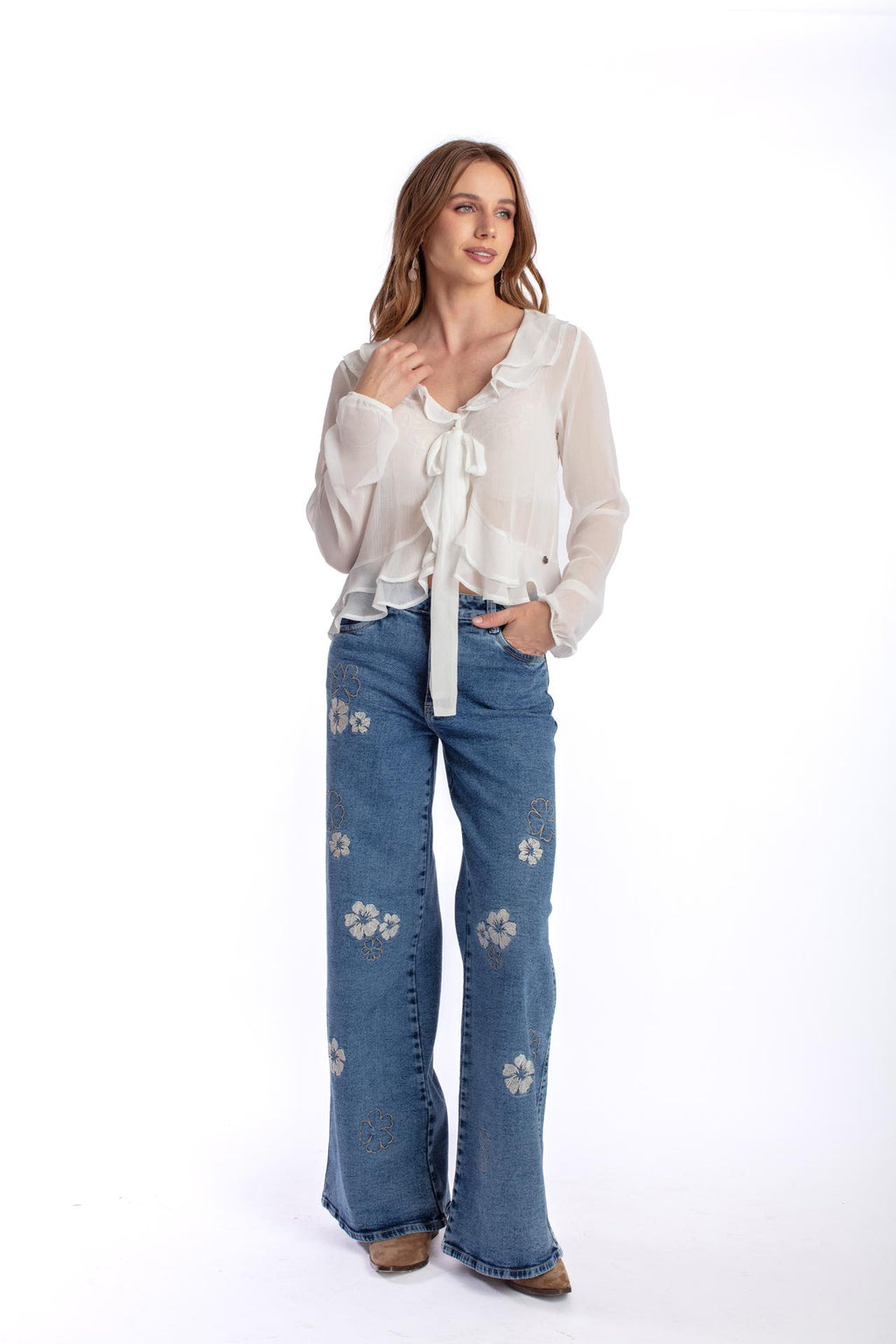 JEANS BERMELLÓN PALAZZO ESTAMPADO FLORES AZUL EFESIS