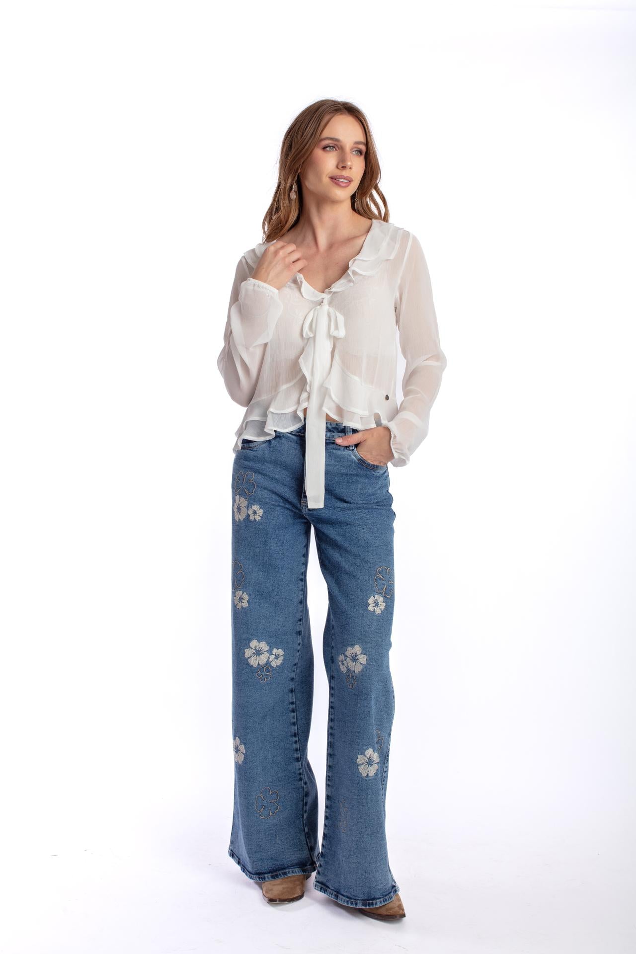 JEANS BERMELLÓN PALAZZO ESTAMPADO FLORES AZUL EFESIS