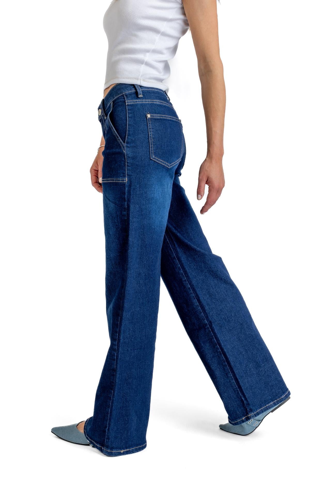 Jeans Zoe Palazzo Bolsillo Parche Azul Efesis