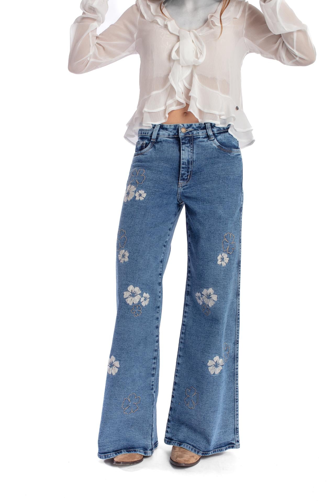 JEANS BERMELLÓN PALAZZO ESTAMPADO FLORES AZUL EFESIS