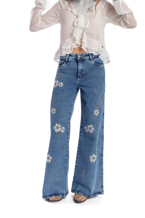 Jeans Bermellón Palazzo Estampado Flores Azul Efesis