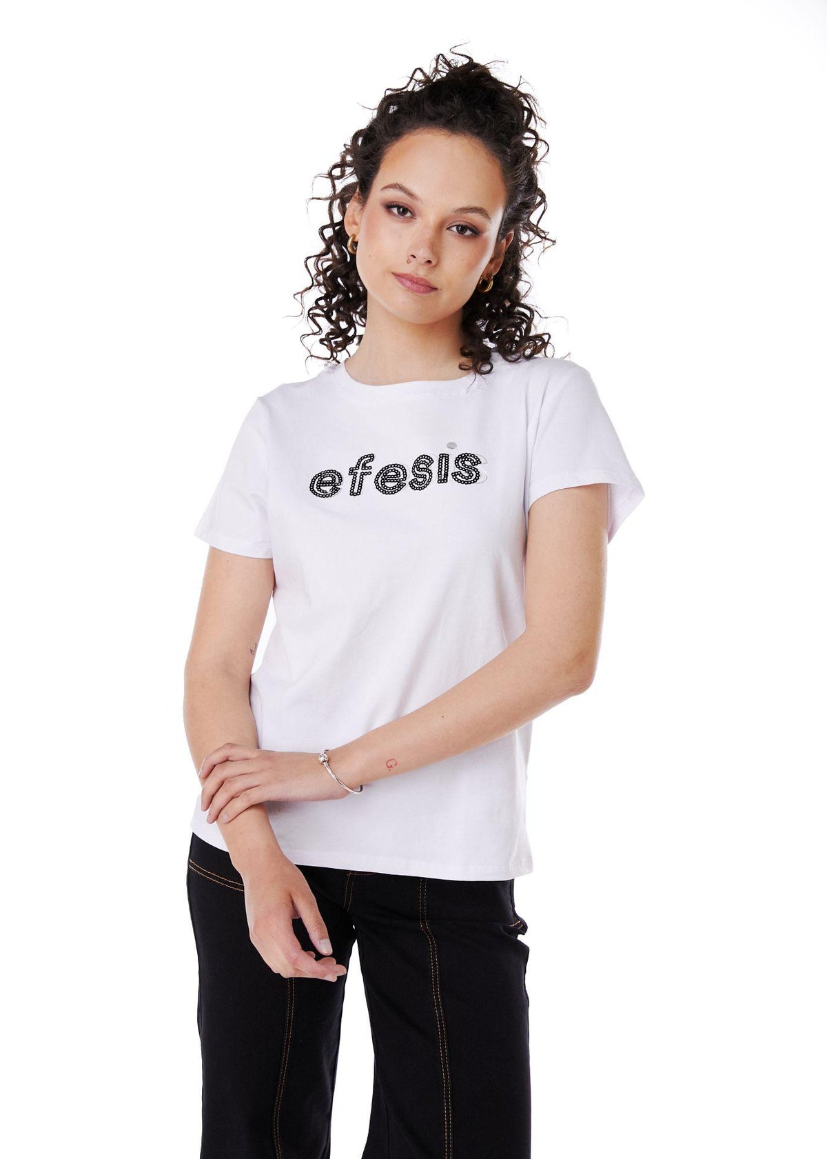 Polera Mila Regular Estampado y Lentejuelas Blanco Efesis