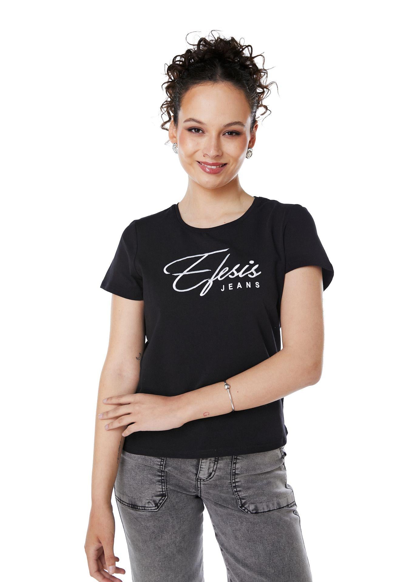 POLERA ANNIE REGULAR ESTAMPADO Y BORDADO NEGRO EFESIS