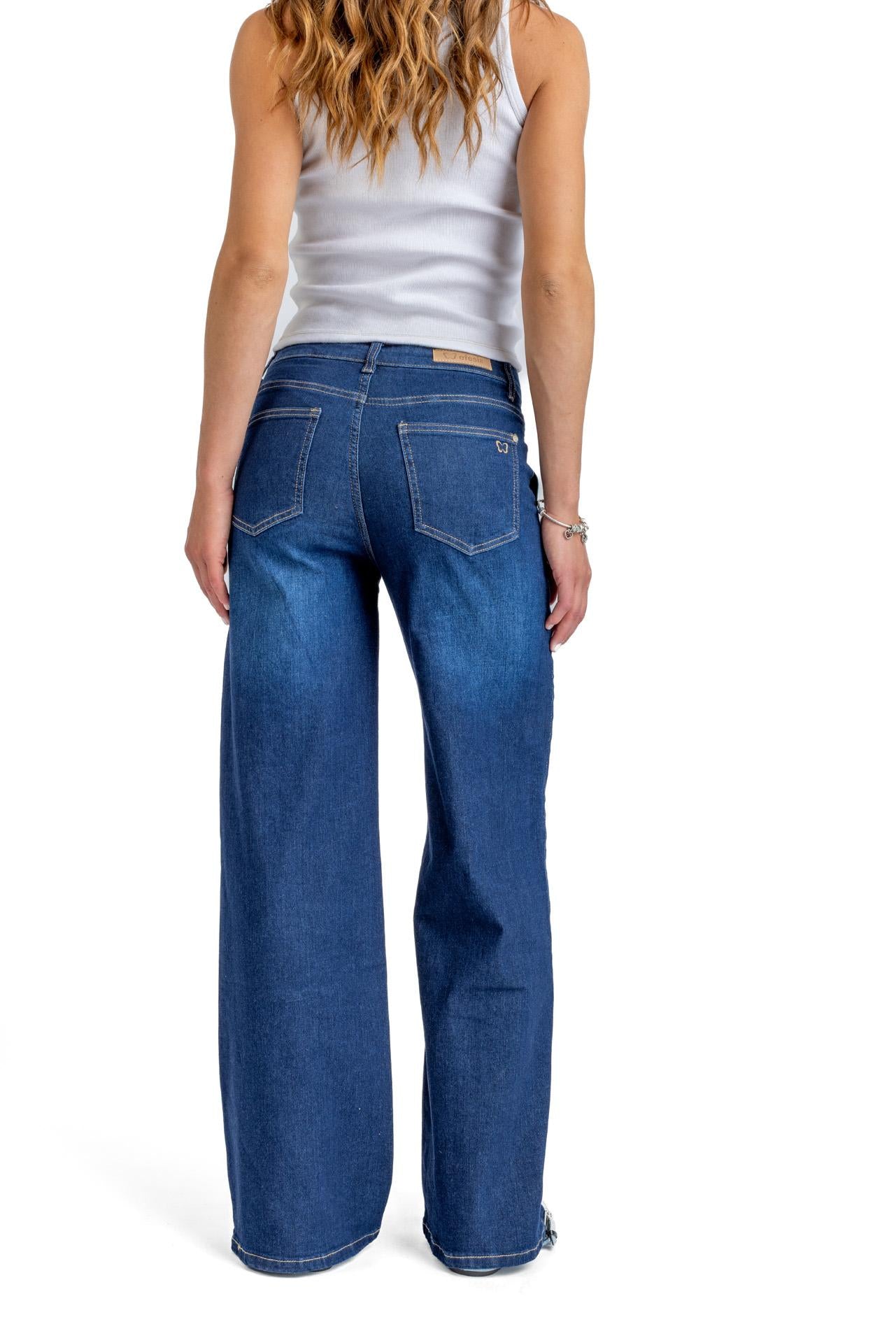 Jeans Zoe Palazzo Bolsillo Parche Azul Efesis