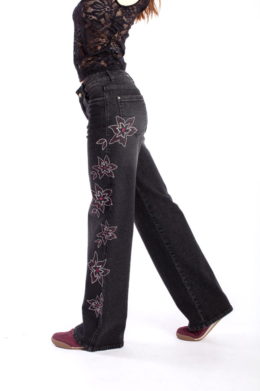 Jeans Aciano Black Wide Bordado Costado Negro Efesis