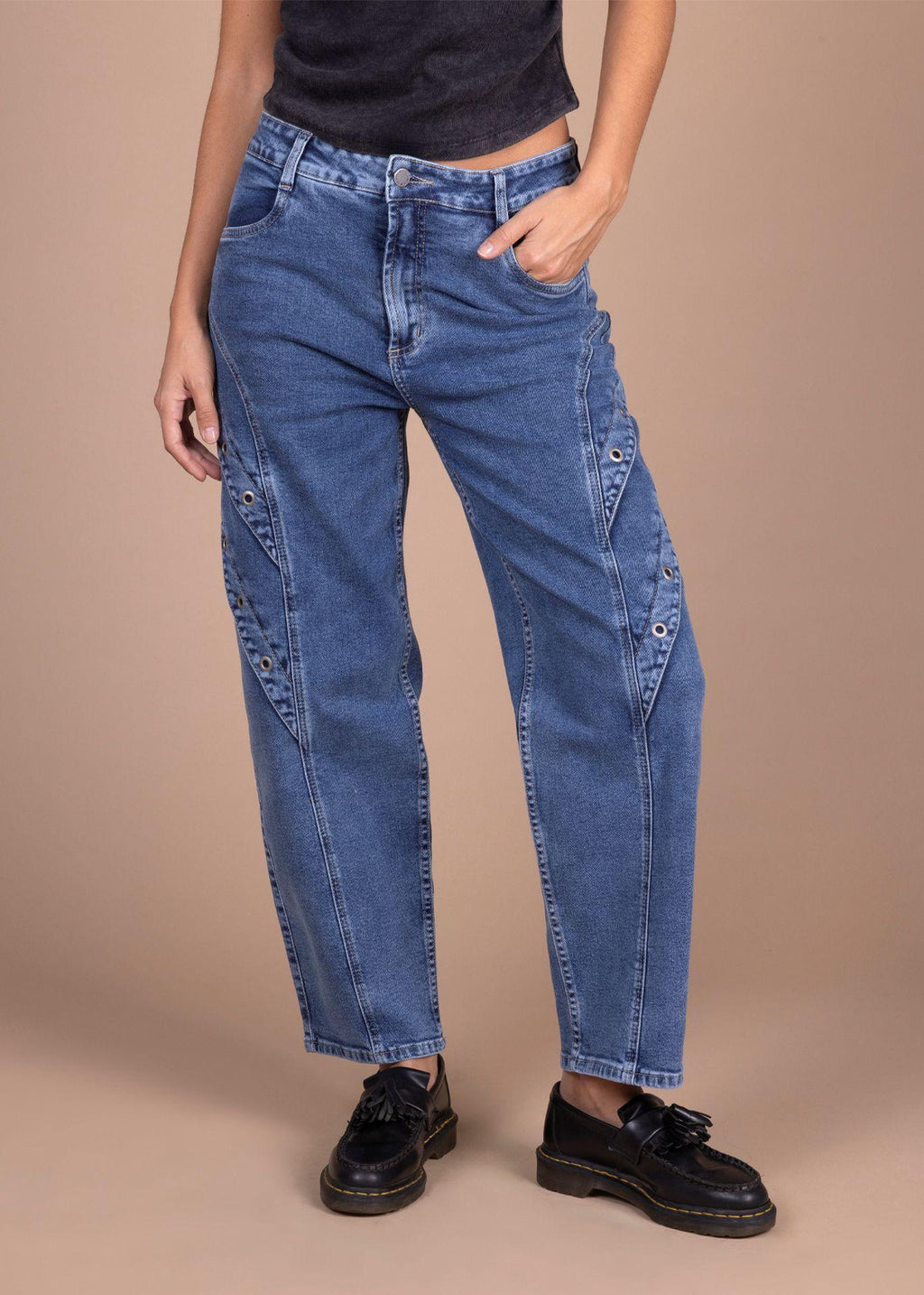 Jeans Rigel Balloon Alforza con Ojetillos Azul Efesis