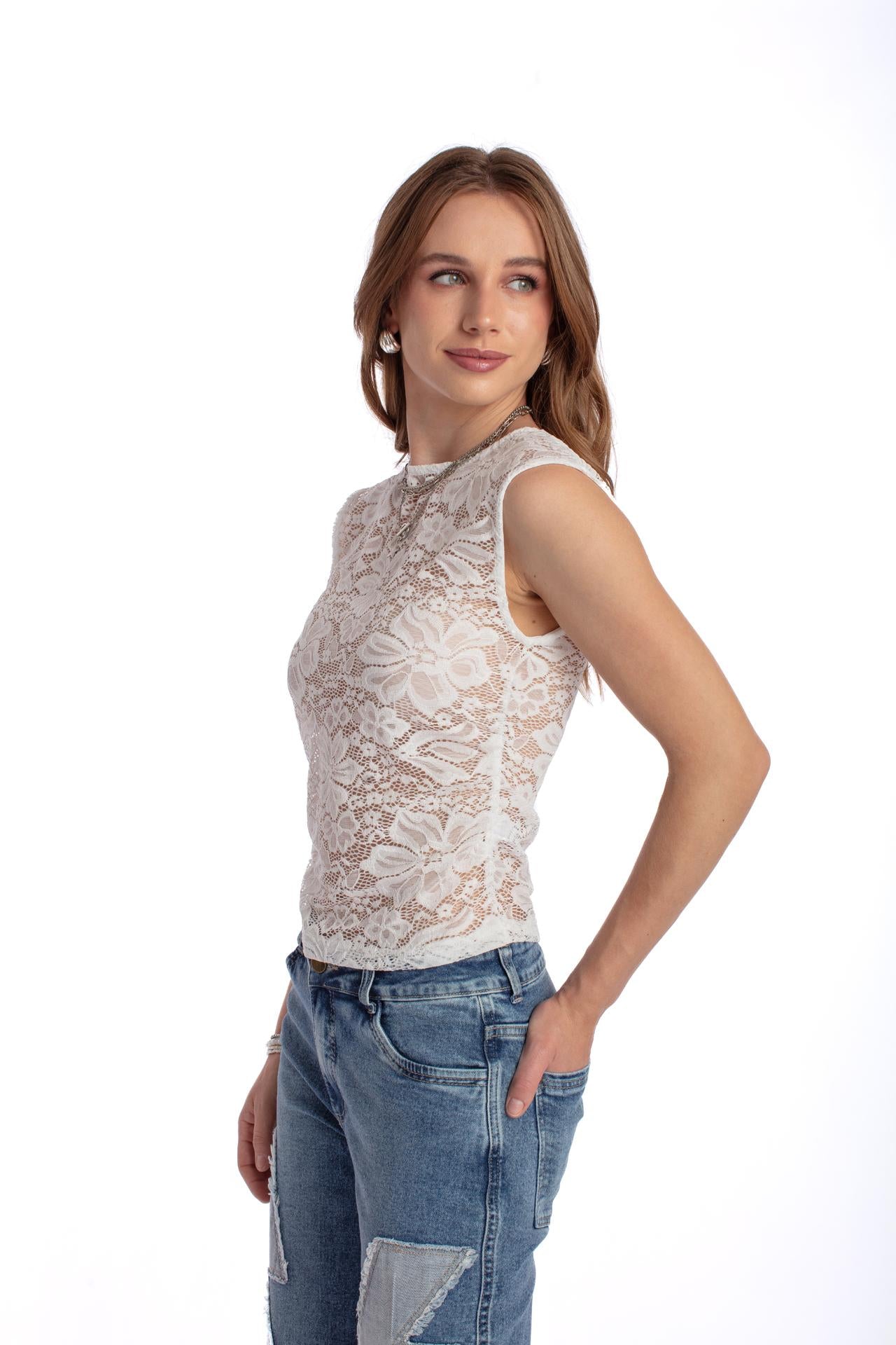 POLERA LACE REGULAR ENCAJE BLANCO EFESIS