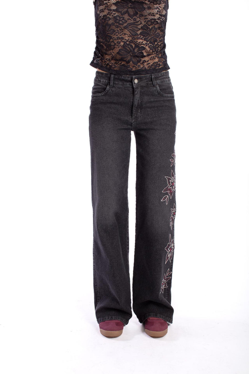 Jeans Aciano Black Wide Bordado Costado Negro Efesis