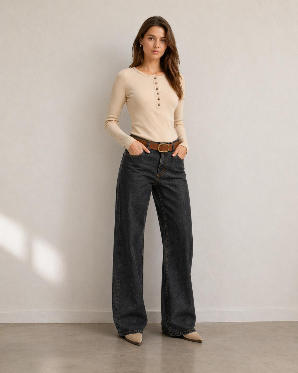 Jeans Atria Wide Tiro Bajo Pretina Pasada Negro Efesis