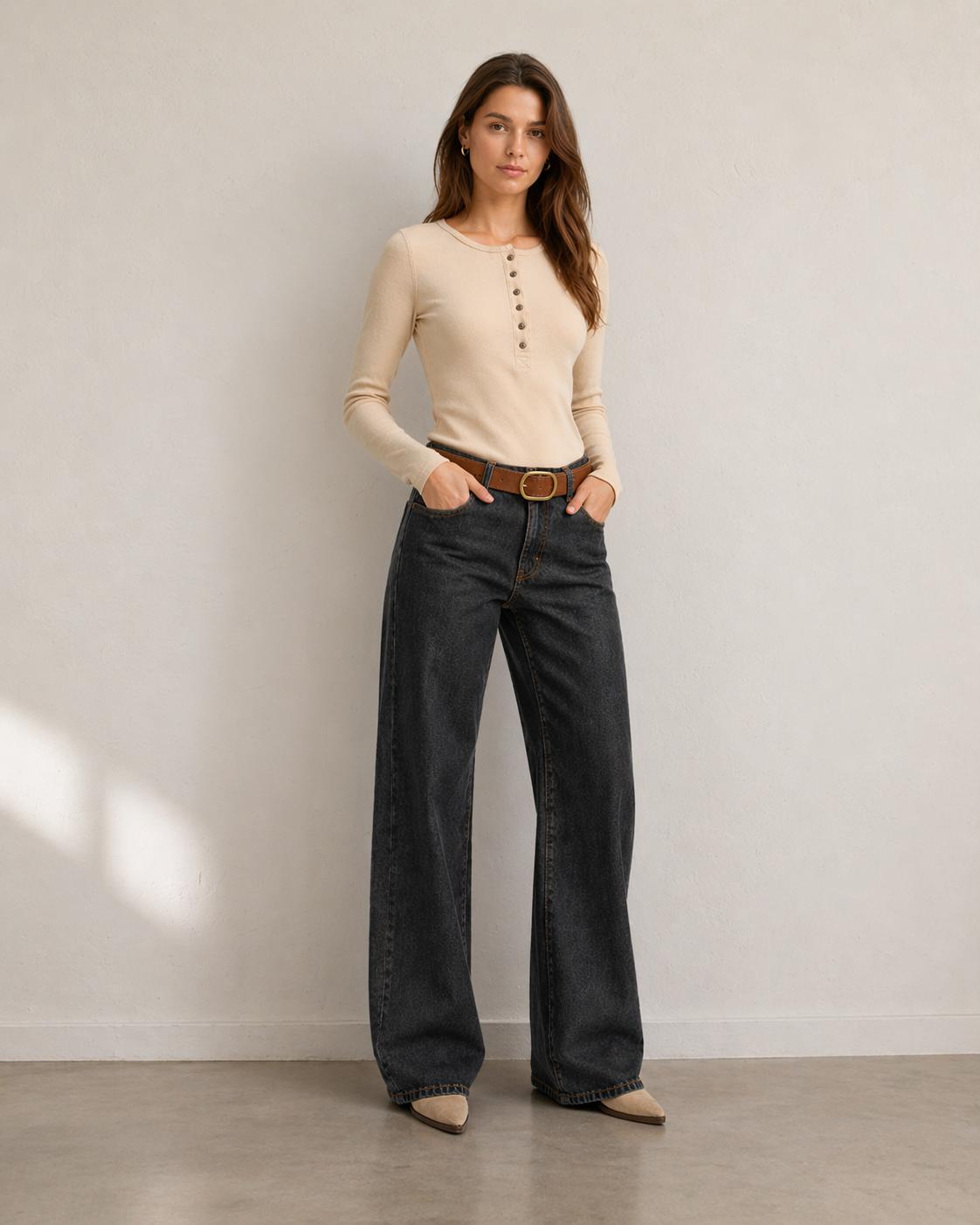Jeans Atria Wide Tiro Bajo Pretina Pasada Negro Efesis