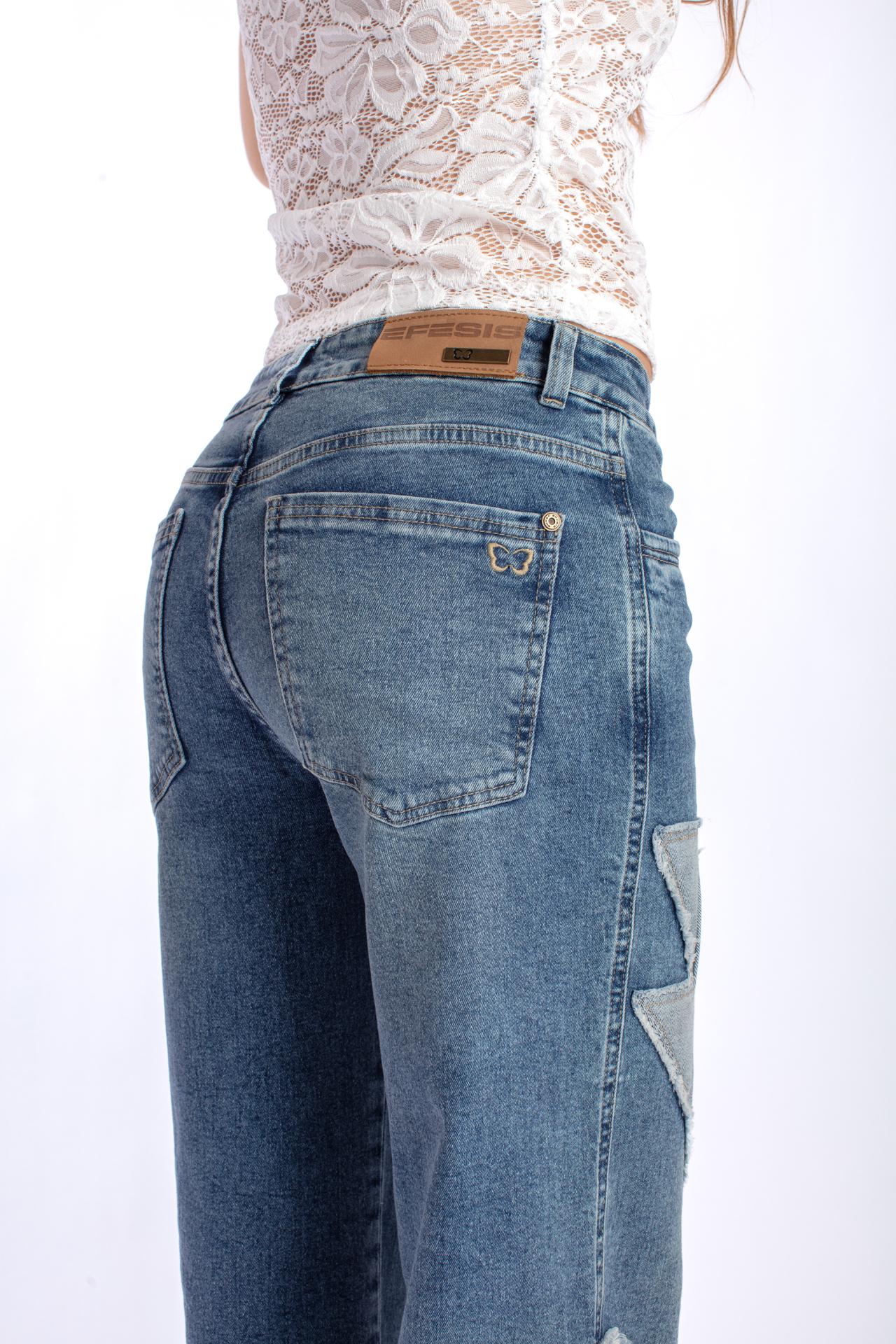JEANS CHER WIDE PARCHE RAYOS REVEZ TELA AZUL EFESIS