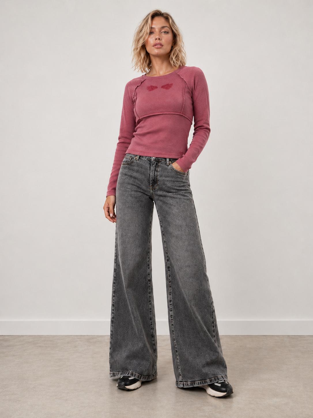 Jeans Angel Palazzo Bordado Alas Gris Efesis