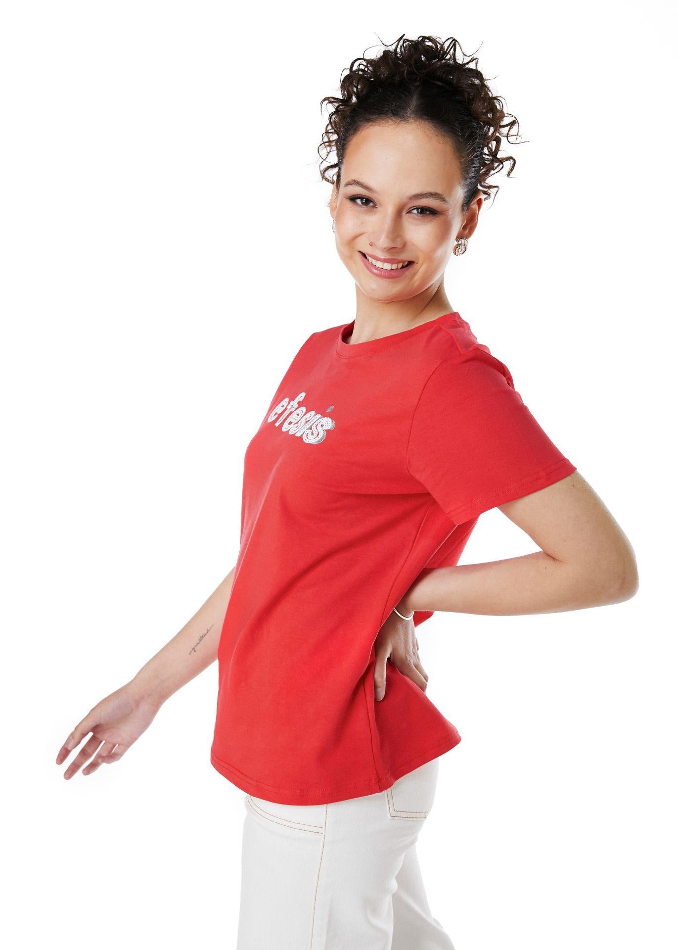 POLERA MILA REGULAR ESTAMPADO Y LENTEJUELAS ROJO EFESIS