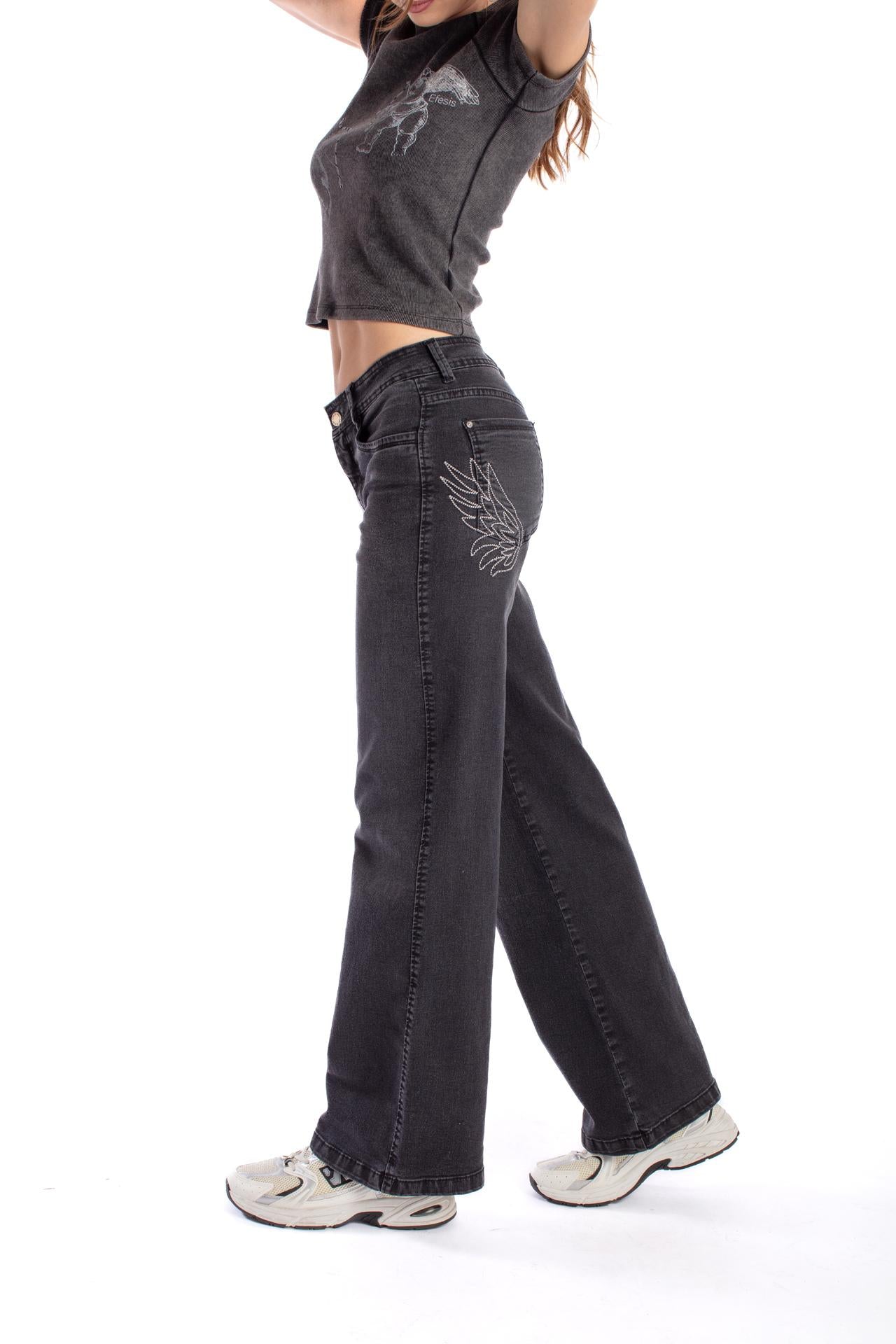 JEANS ANGEL WIDE BORDADO ALAS BOL TRASERO NEGRO EFESIS
