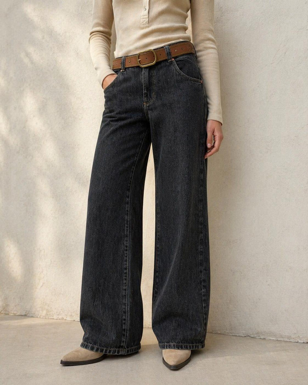 Jeans Atria Wide Tiro Bajo Pretina Pasada Negro Efesis
