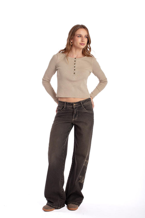 Jeans Dirty Wide Tiro Bajo Bordado Inflado Negro Efesis