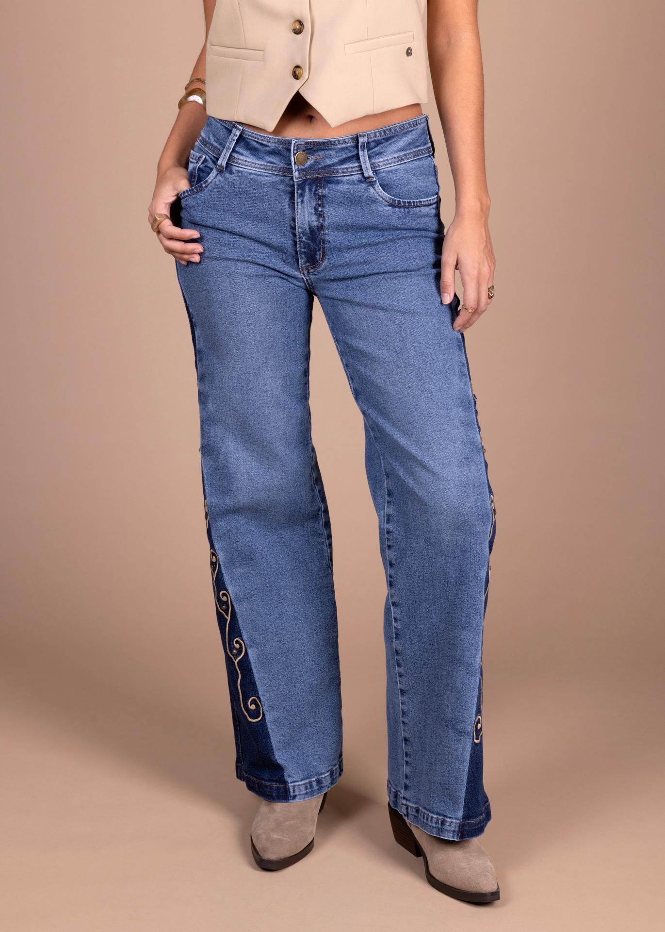 Jeans Virgo Palazzo Bordado y Tachas Azul Efesis