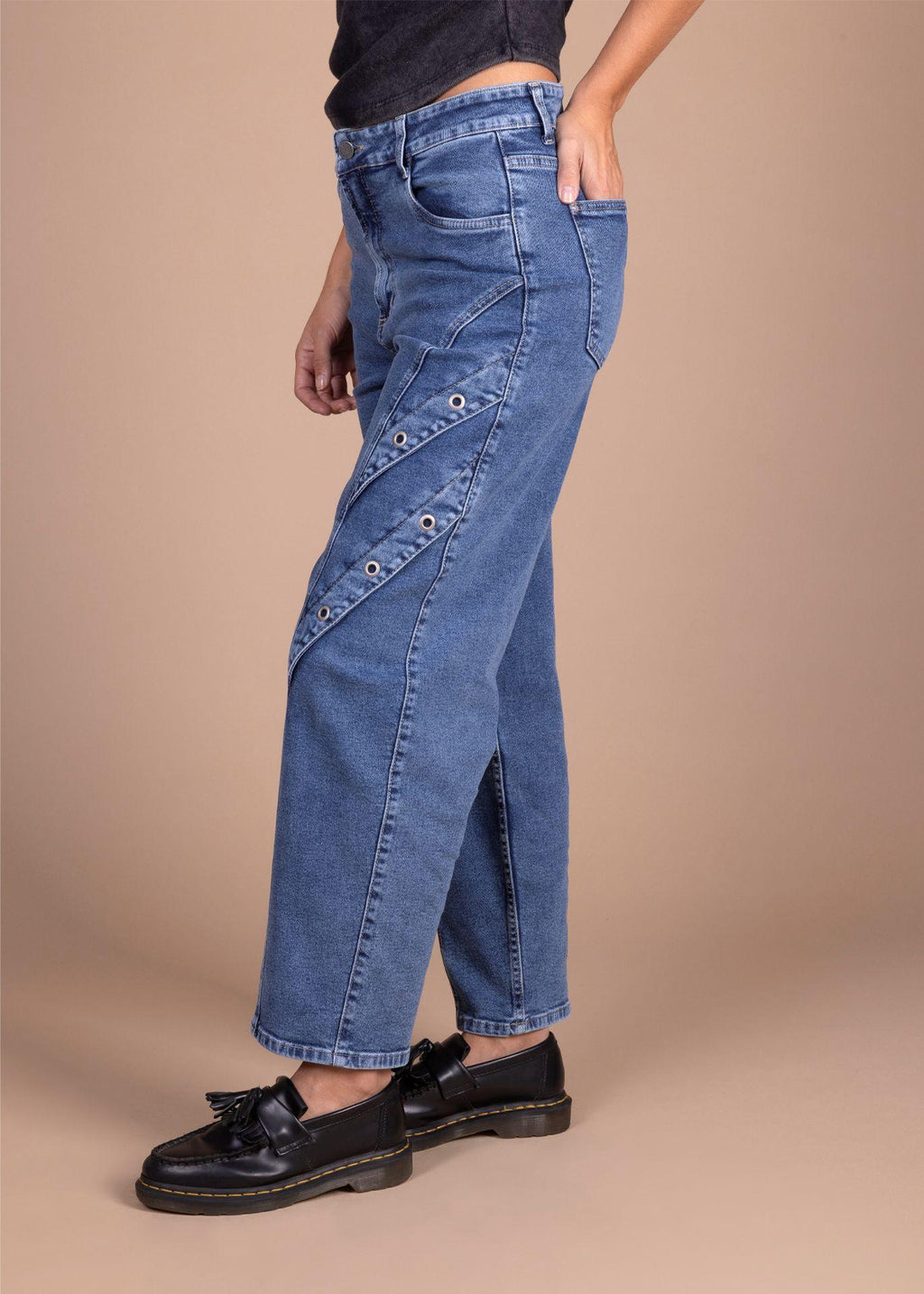 Jeans Rigel Balloon Alforza con Ojetillos Azul Efesis