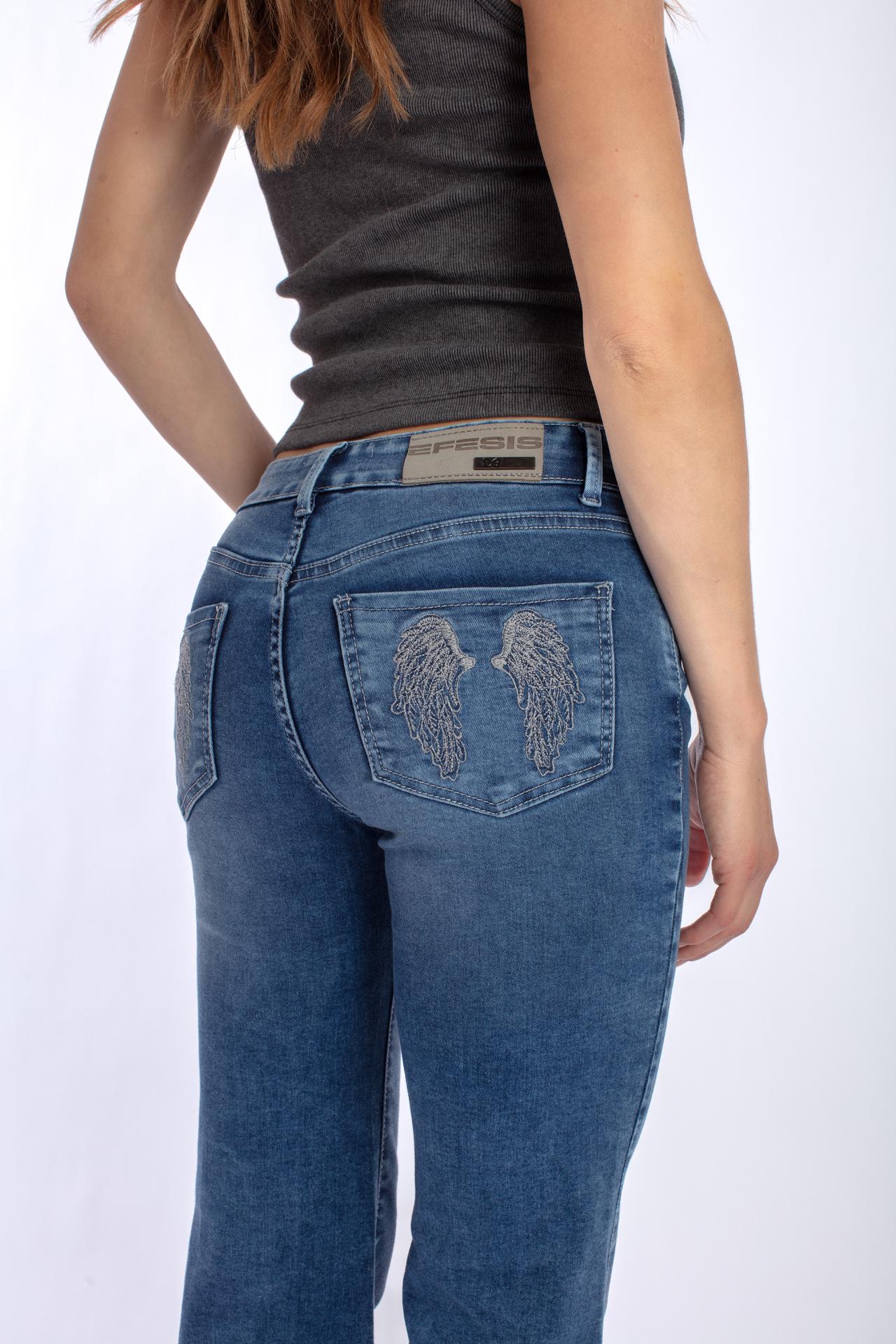 JEANS WINGS FLARE BORDADO ALAS AZUL MEDIO EFESIS