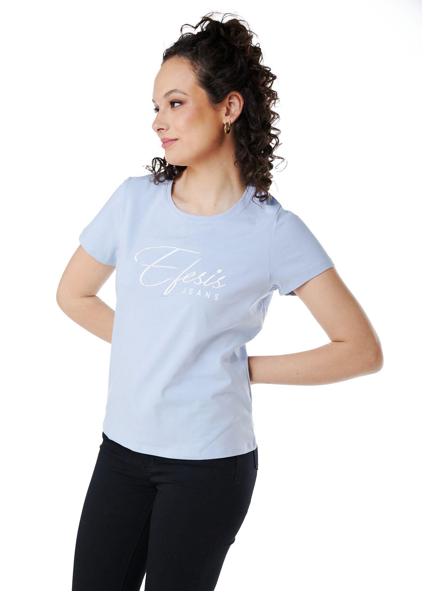 POLERA ANNIE REGULAR ESTAMPADO Y BORDADO CELESTE EFESIS