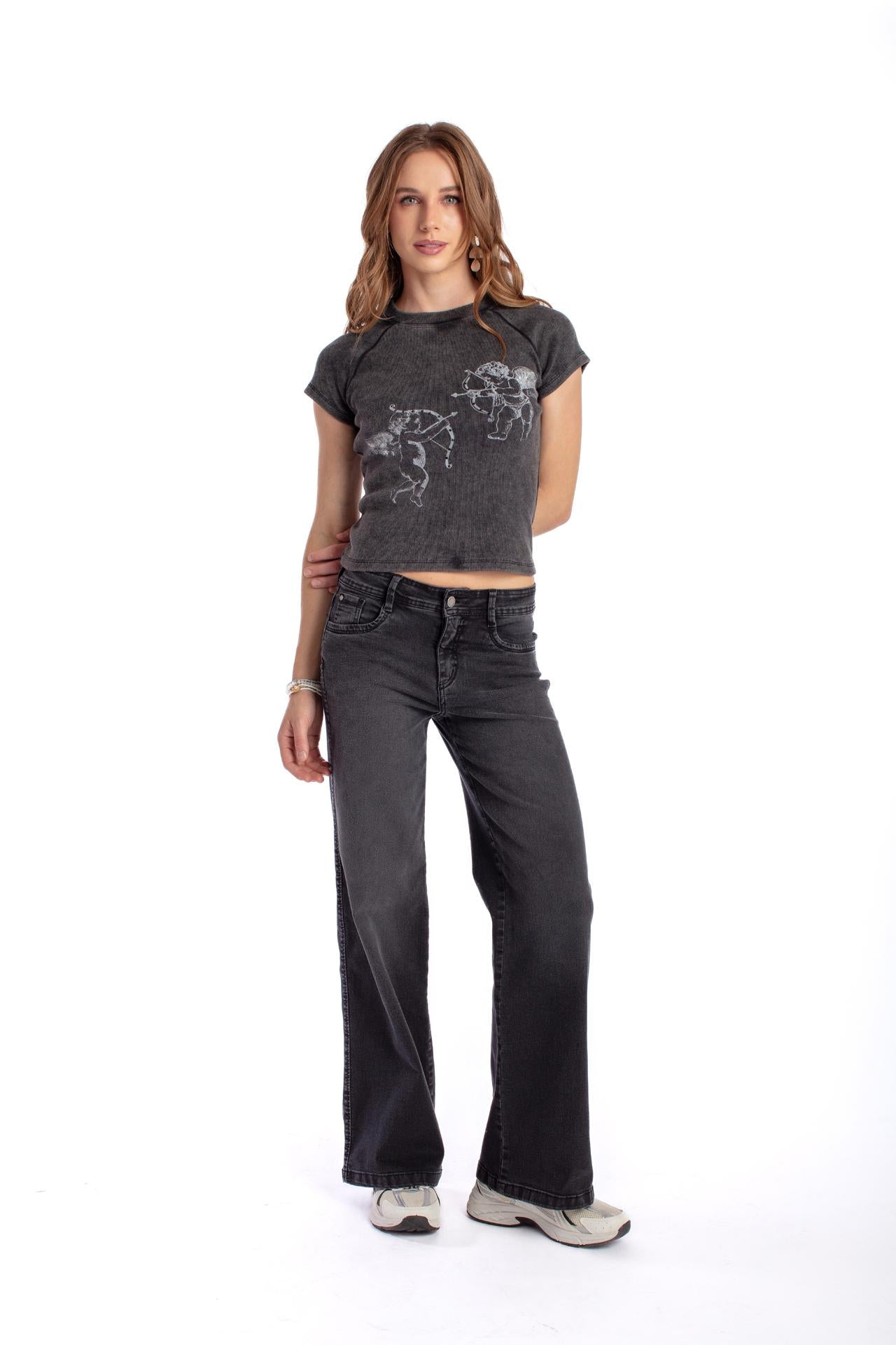 JEANS ANGEL WIDE BORDADO ALAS BOL TRASERO NEGRO EFESIS