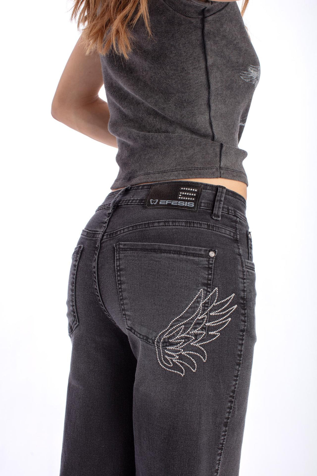 JEANS ANGEL WIDE BORDADO ALAS BOL TRASERO NEGRO EFESIS