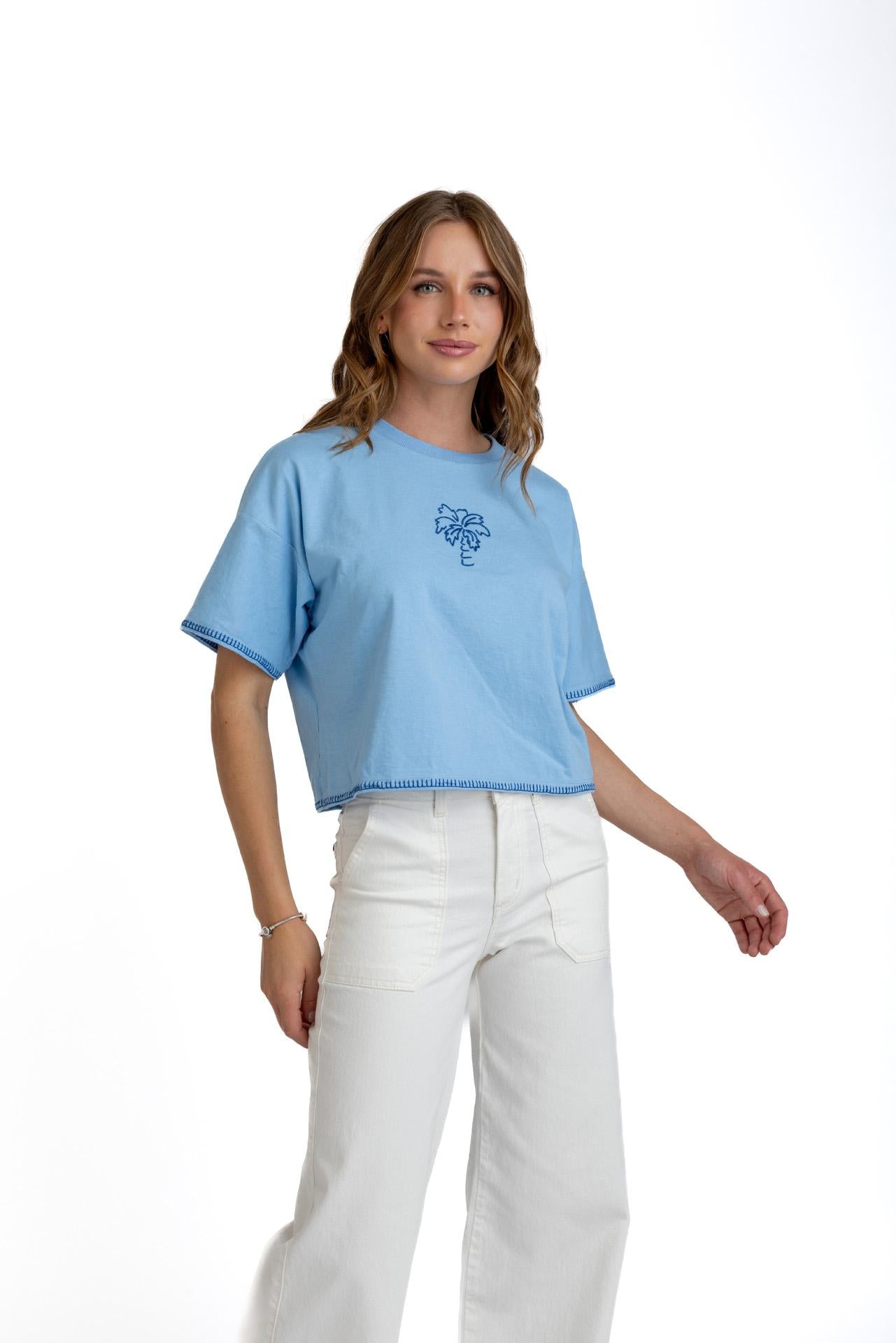 POLERA BIANCHI CROP OVERSIZE C/ BORDADO CELESTE EFESIS